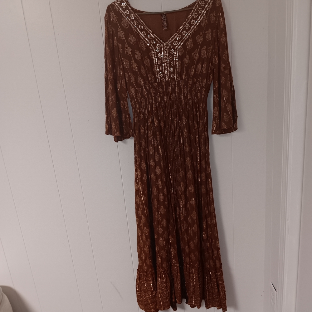 Brown Boho Maxi Dress with Embellished V-Neck